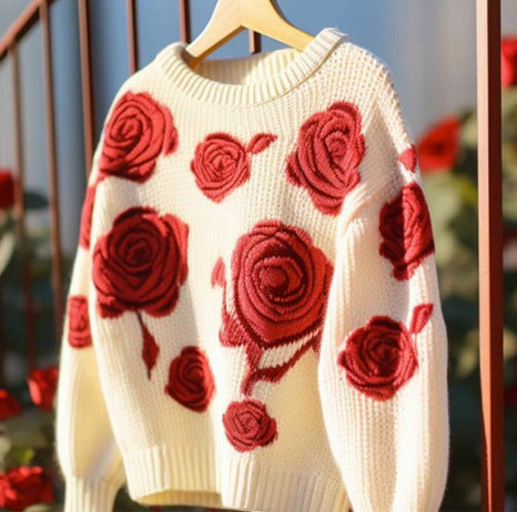 Retro Red Rose Knit Sweater – Loose & Soft Base Layer