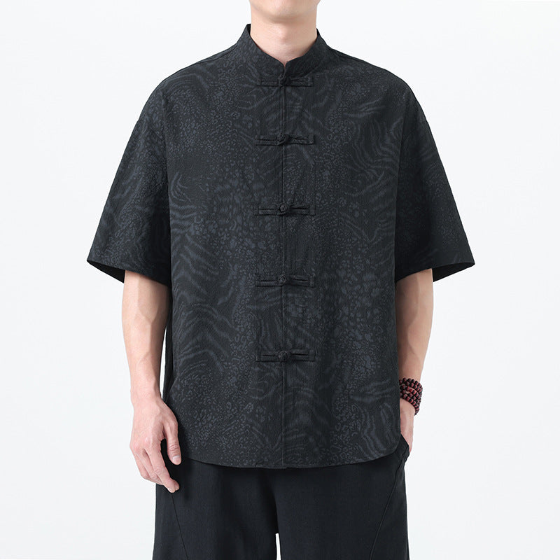 Traditional Tang Suit Short Sleeve Leopard Print Shirt