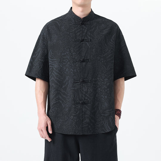 Traditional Tang Suit Short Sleeve Leopard Print Shirt