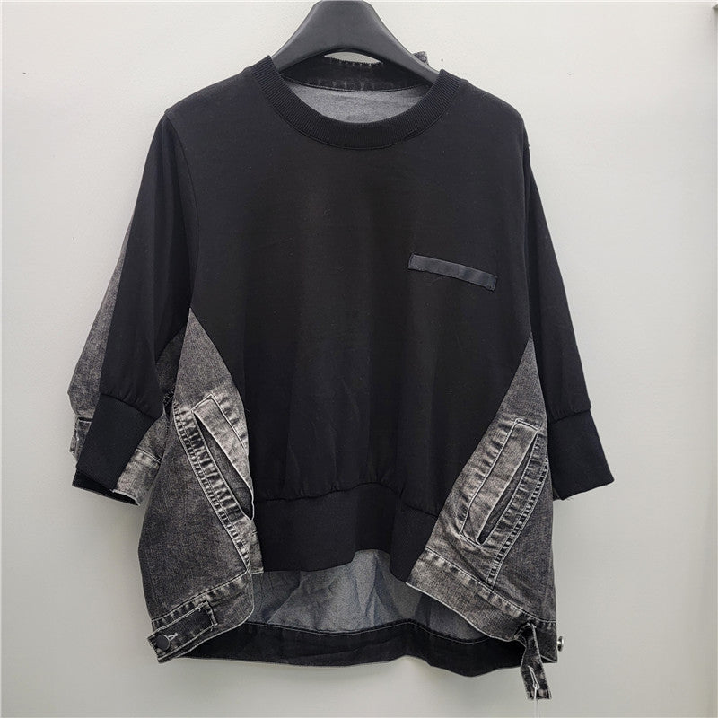 Retro Patchwork Denim Batwing Top