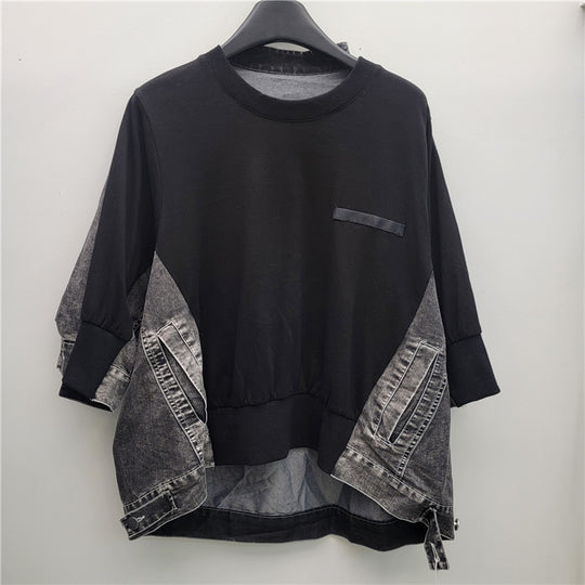 Retro Patchwork Denim Batwing Top