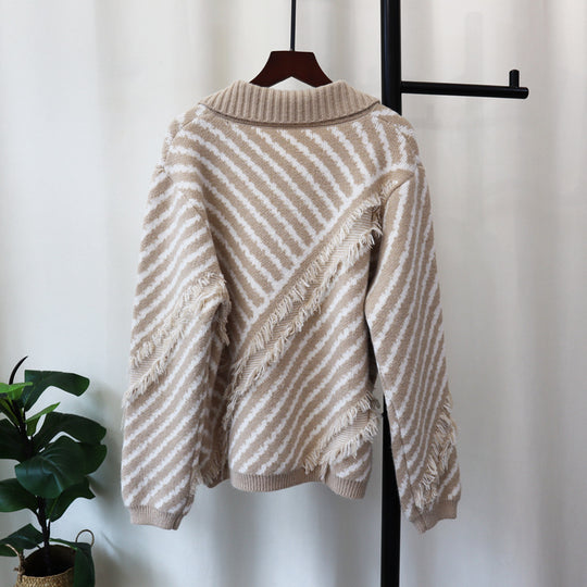 Striped Polo Collar Knitted Cardigan – Loose Fit with Tassel Detail
