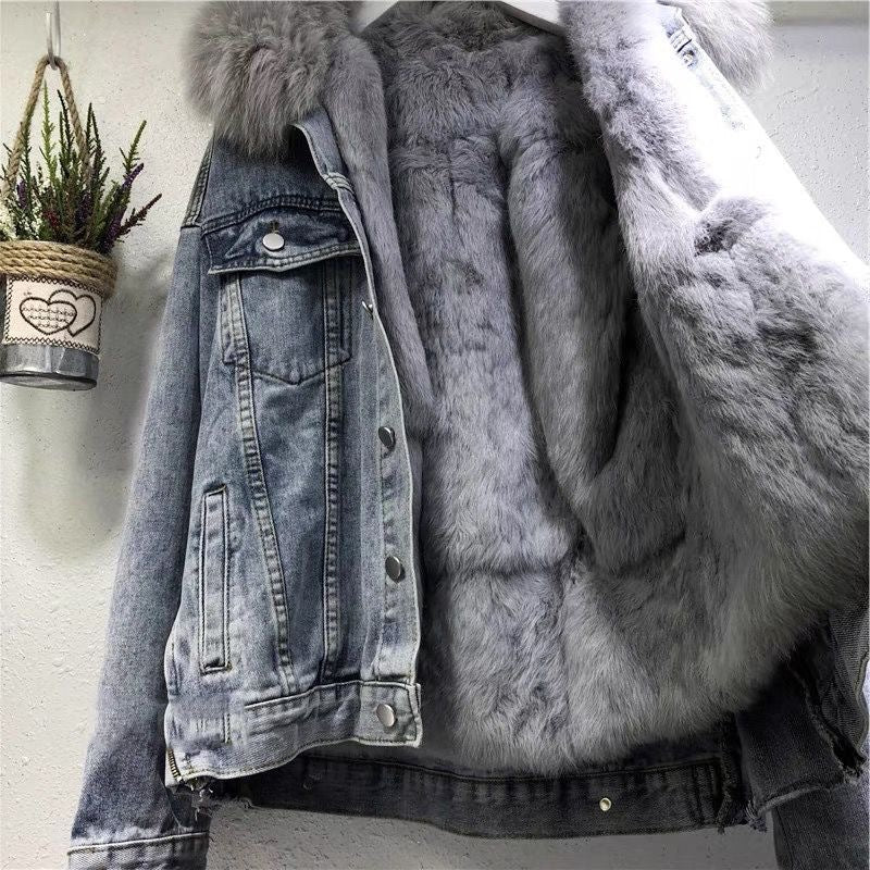 Korean-Style Denim Fur Collar Coat