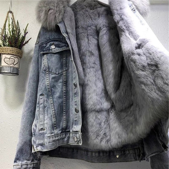 Korean-Style Denim Fur Collar Coat