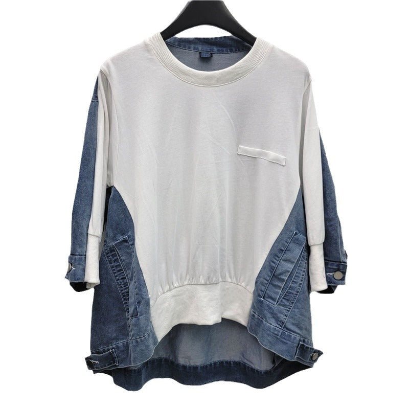Retro Patchwork Denim Batwing Top