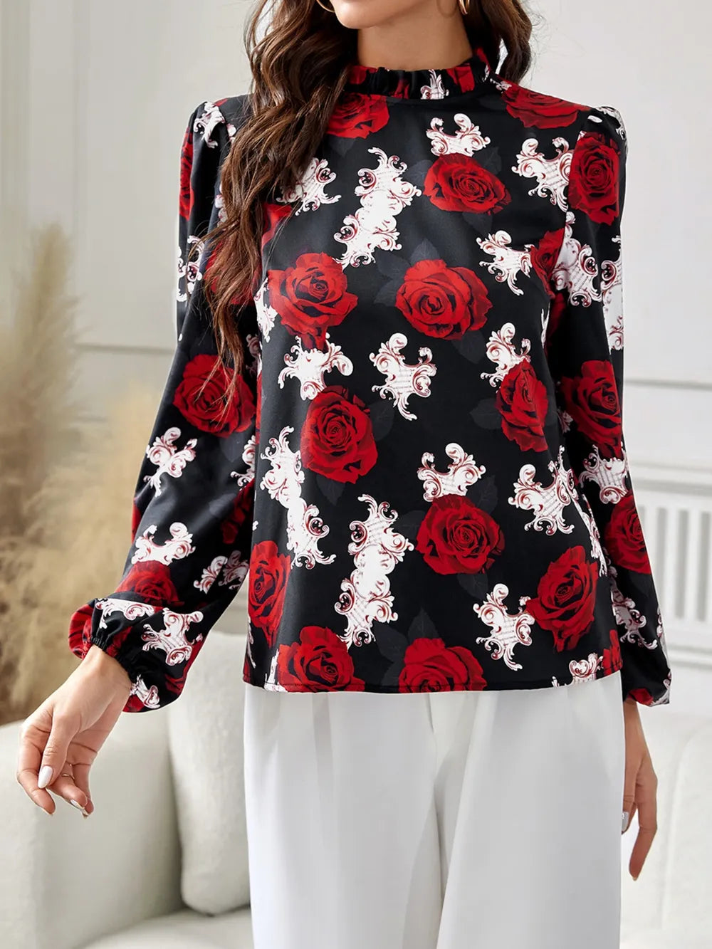 rose printed ruffle collar shirt