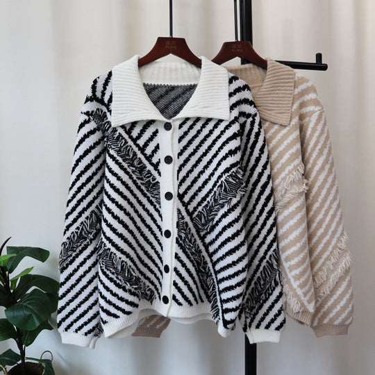 Striped Polo Collar Knitted Cardigan – Loose Fit with Tassel Detail