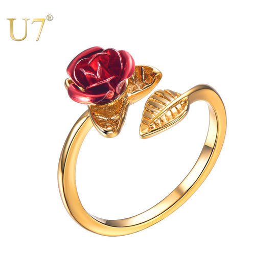 U7 Red Rose Bloom Adjustable Ring