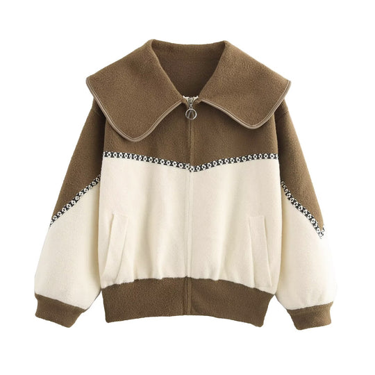 Women's Color-Block Collar Zipper Cardigan – Loose Knit Sweater