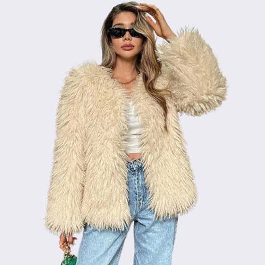 Women's Faux Fur Round Neck Warm Jacket