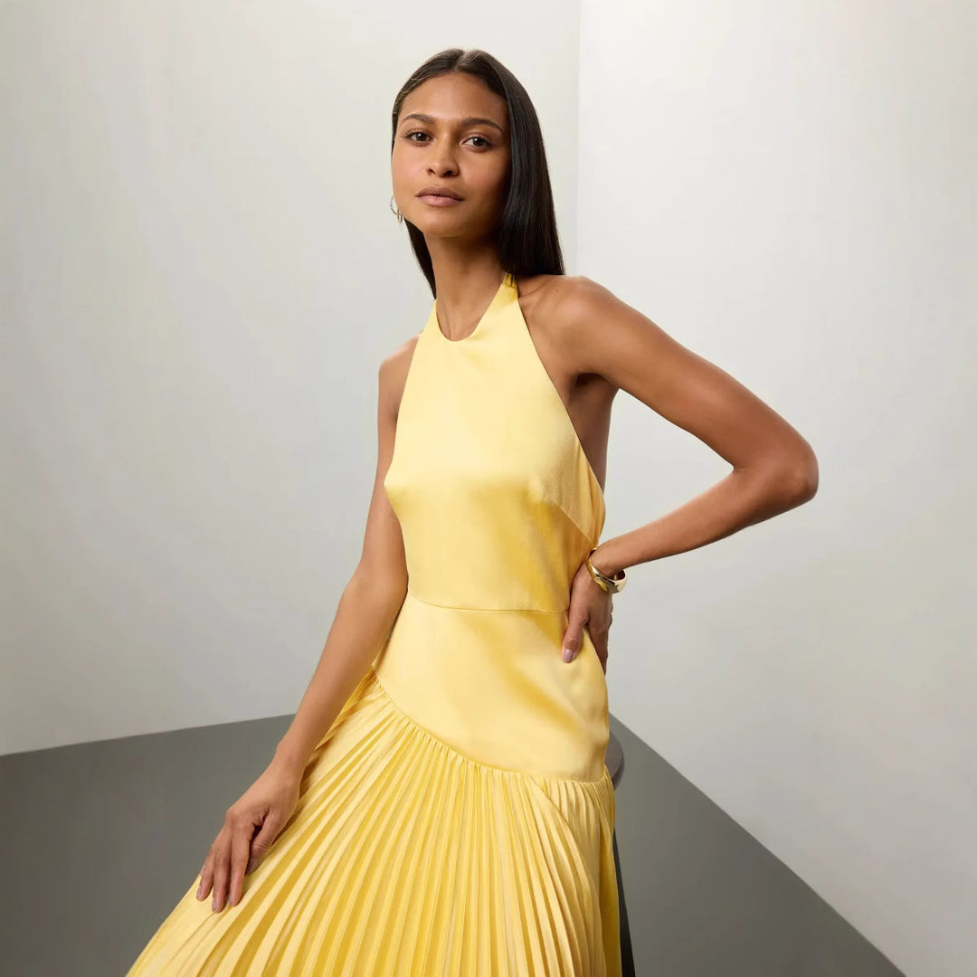 Sunset Grace Pleated Halter Maxi Dress