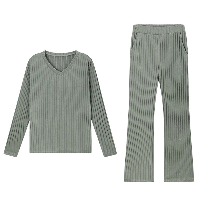 Chic Loose V-Neck Ribbed Knit Set with Straight Pants
