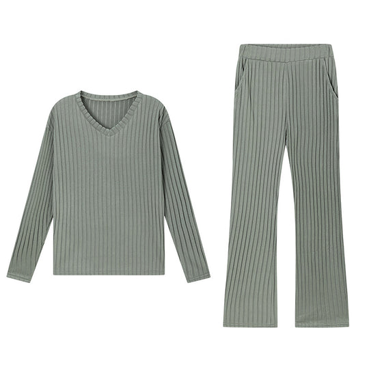 Chic Loose V-Neck Ribbed Knit Set with Straight Pants