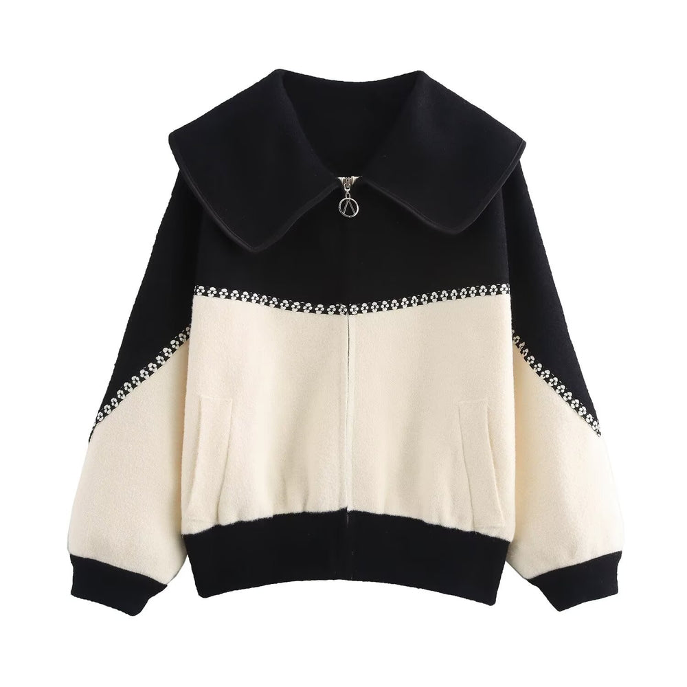 Women's Color-Block Collar Zipper Cardigan – Loose Knit Sweater