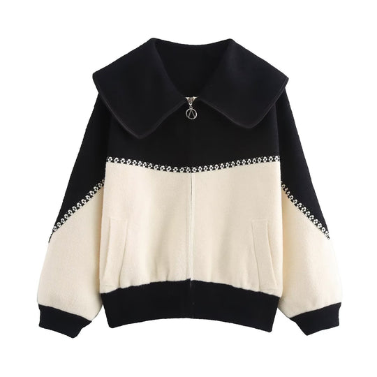 Women's Color-Block Collar Zipper Cardigan – Loose Knit Sweater