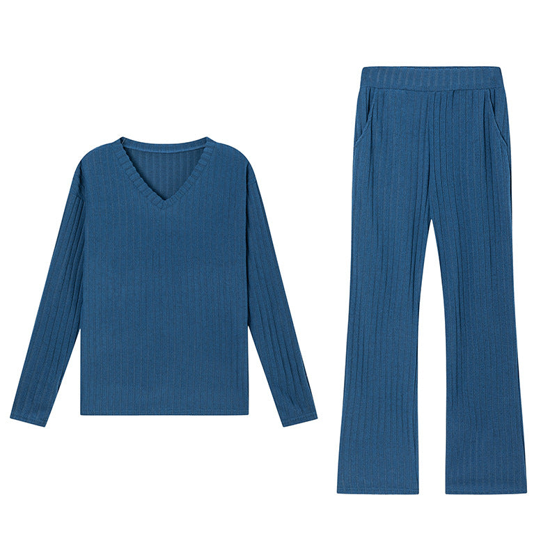 Chic Loose V-Neck Ribbed Knit Set with Straight Pants