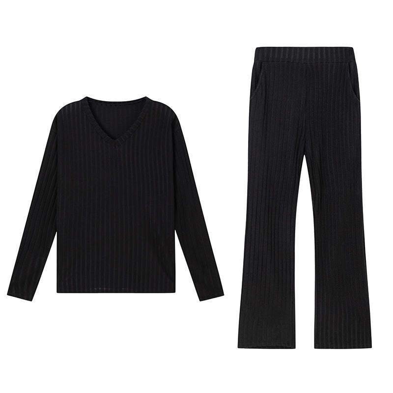 Chic Loose V-Neck Ribbed Knit Set with Straight Pants