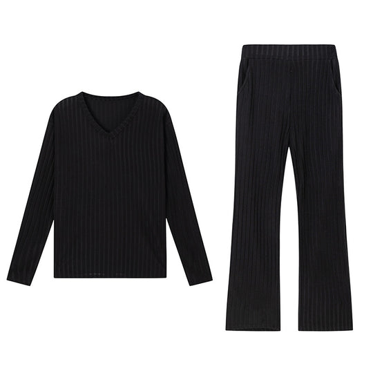 Chic Loose V-Neck Ribbed Knit Set with Straight Pants