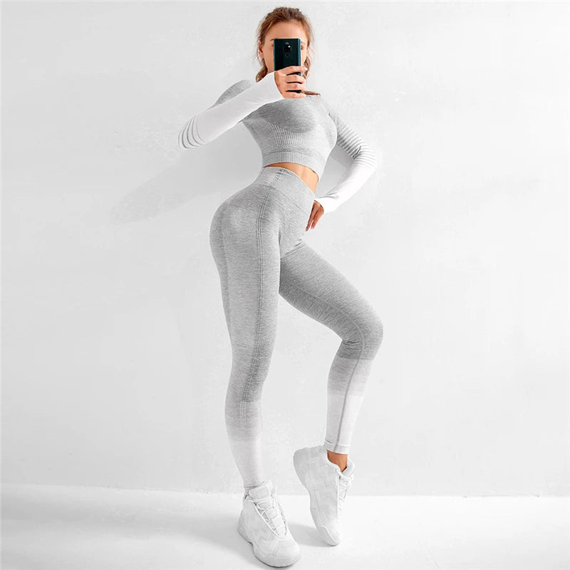 Ombre Seamless Yoga Set – Long Sleeve & High-Waist Leggings