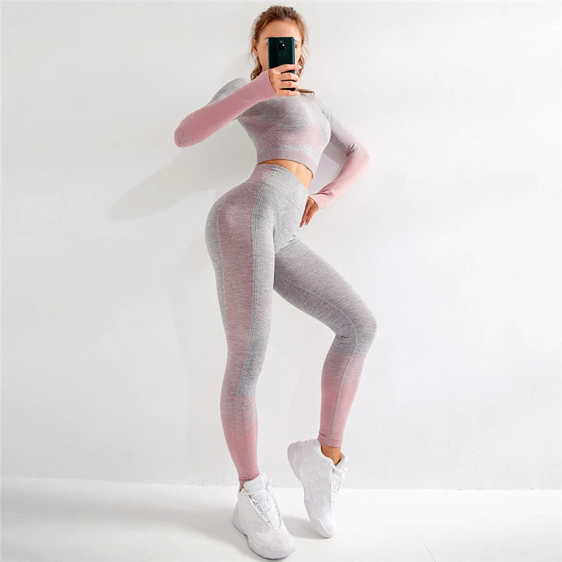 Ombre Seamless Yoga Set – Long Sleeve & High-Waist Leggings